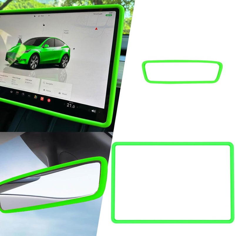 Yeapop 2Pcs Silicone Protector Frames of Screen and Rear View Mirror for Tesla Model 3 2017-2023 and Model Y 2019-Feb.2025. (Green) - Image 1